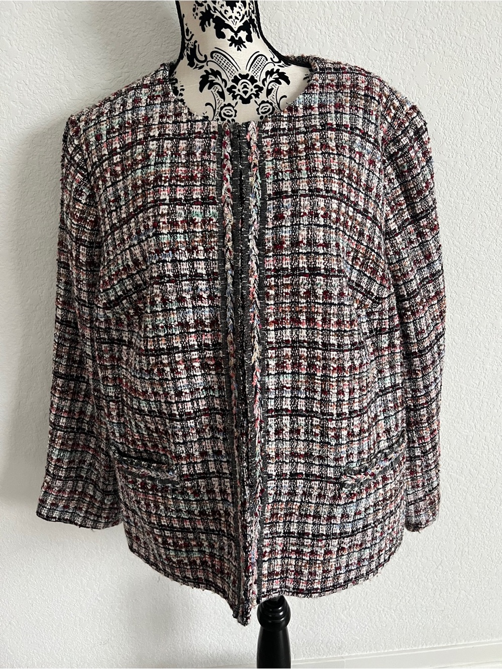 Talbots Plus 22W Multicolor Tweed Bouclé Jacket Fringe Trim Blazer
